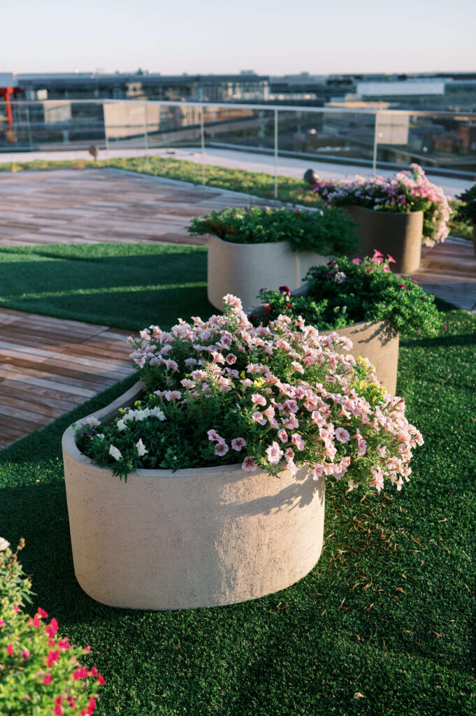 Beautiful potted plants and greenery add a natural touch to this urban rooftop wedding venue