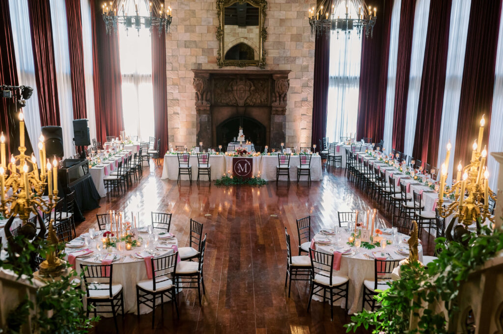 The grand ballroom at Dover Hall Estate has floor to ceiling windows 